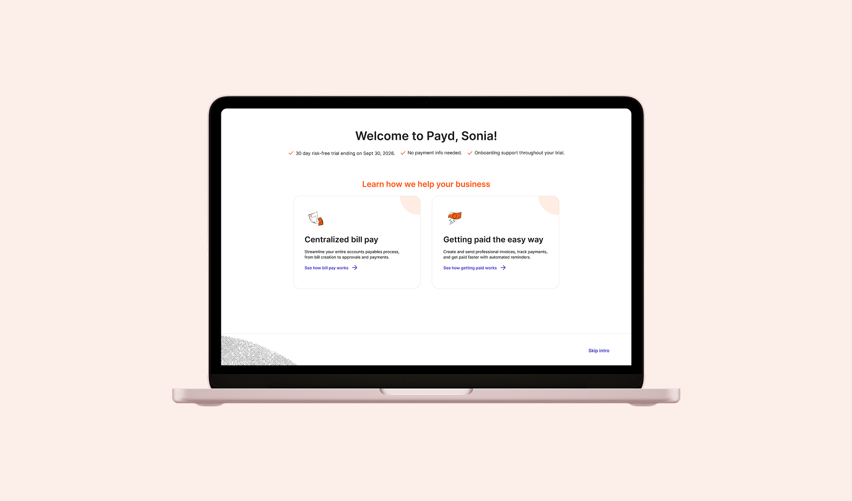Guided AP onboarding — the "How it works" welcome screen on a laptop